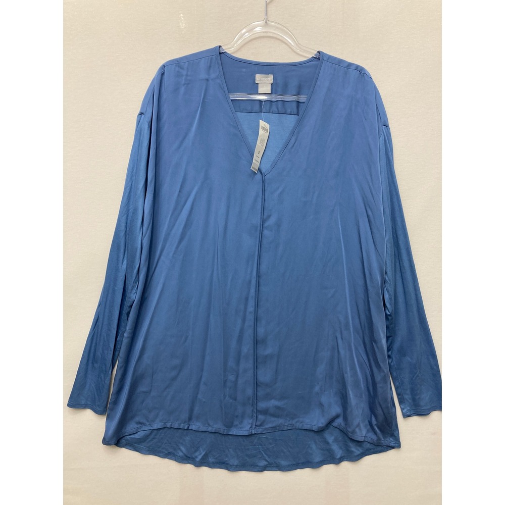 New Chico's Knit Mixed Media Tunic‎ size 3/XL Blue V-Neck Long Sleeve Soft Flowy